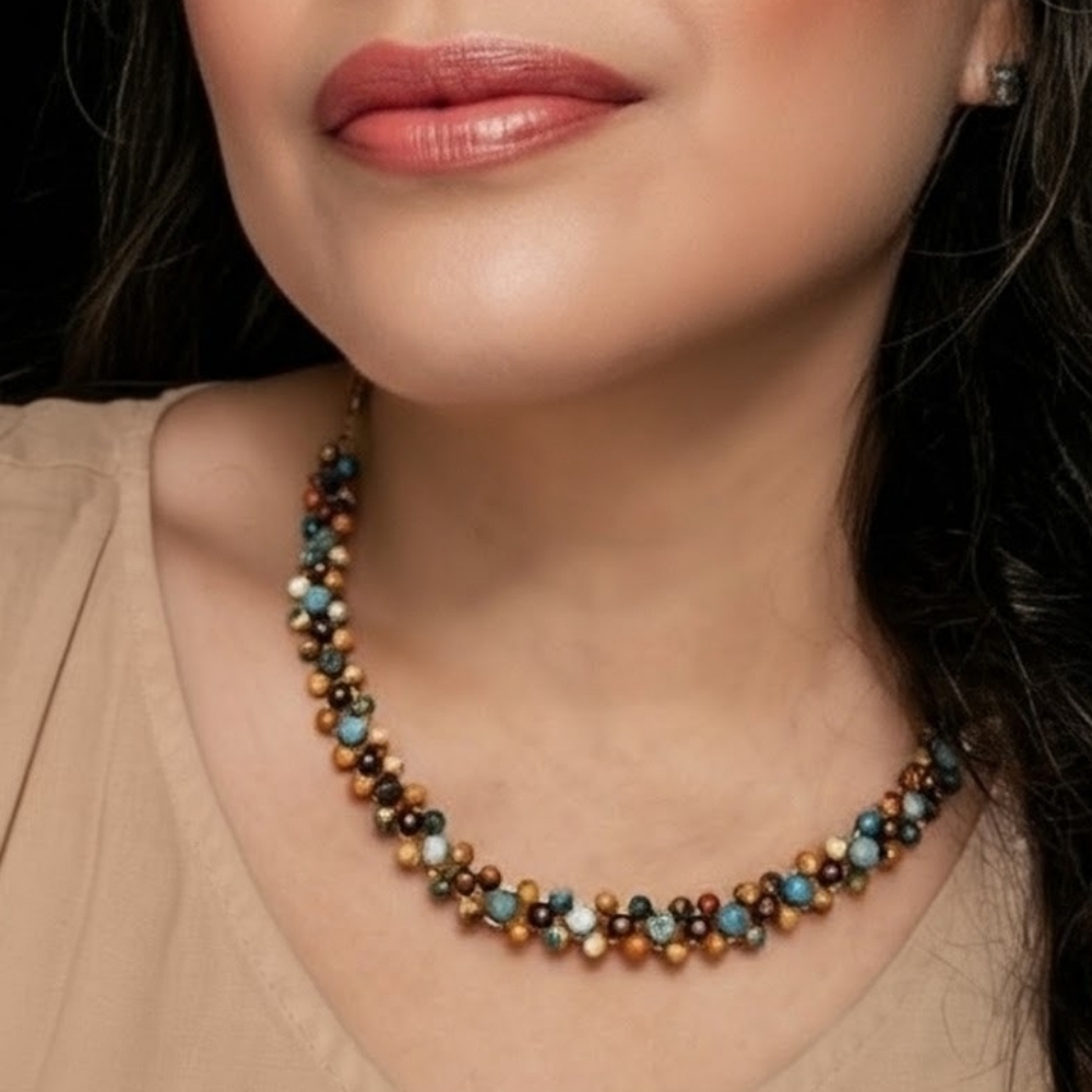 Flame Kissed Blue & Stabilized Turquoise W/ Orange Handwoven Copper Necklace
